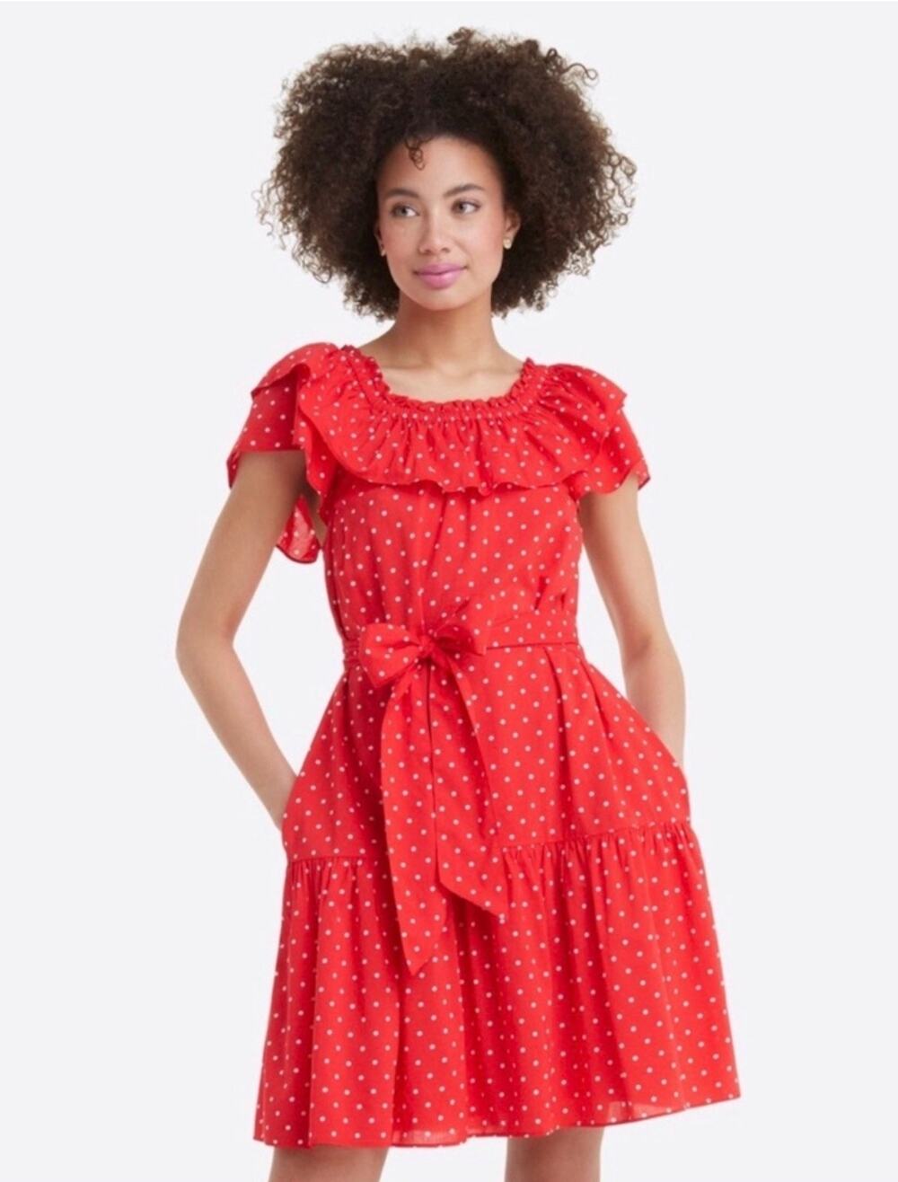 Draper James Sawyer Dress Red Polka Dot Off Shoulder Ruffle Mini Dress